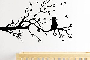 Samolepka na zeď - Kočka na větvičce a poštovné ZDARMA!