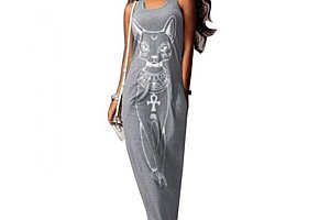 Dámské dlouhé šaty s potiskem egyptské kočky - 3 barvy a poštovné ZDARMA!