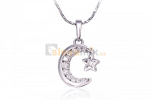Rhodiovaný náhrdelník - řetízek a přívěsek Starry Night ve tvaru měsíce s hvězdou se zirkony Ostatní