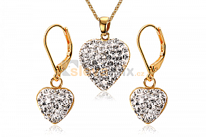Pozlacený ocelový set Sparkling Heart - náhrdelník a náušnice ve tvaru srdce s krystaly Jewellis