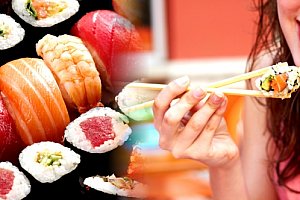 Výběr sushi vegetariánský, lososový nebo krevetový set v restauraci Green Tea Restaurant na Žižkově.