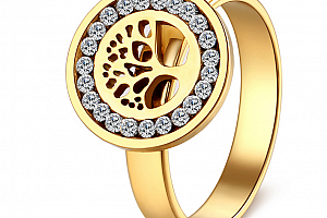 Dámský prsten z chirurgické oceli- Strom života se zirkony- zlatý SR000036 Velikost: 7