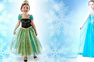 Šaty Frozen princezny Elsy a Anny z Ledového království + korunka, hůlka, copánek a rukavice.