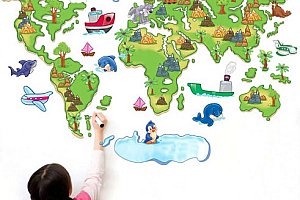 Kreslená samolepicí mapa světa na zeď