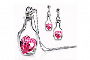 Ziskoun set náušnic a řetízku s přívěskem srdce v láhvi- silver CS000018 Barva: Růžová