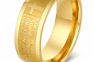 Zlatý prsten z chirurgické oceli s křížem a modlitbou SR000089 Velikost: 8