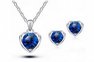 Srdíčkový set šperků se zirkony z rhodiované bižuterie- silver CS000078 Barva: Modrá
