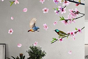 Stylová samolepka na zeď - růžové květy s ptáčky a poštovné ZDARMA!